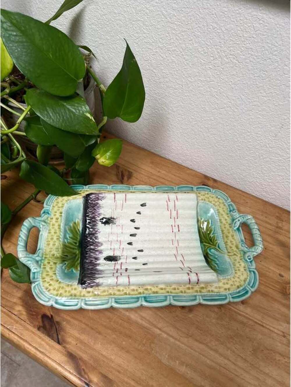 Antique Salins French Majolica Pottery Asparagus Platter Ceramic Serving Tray